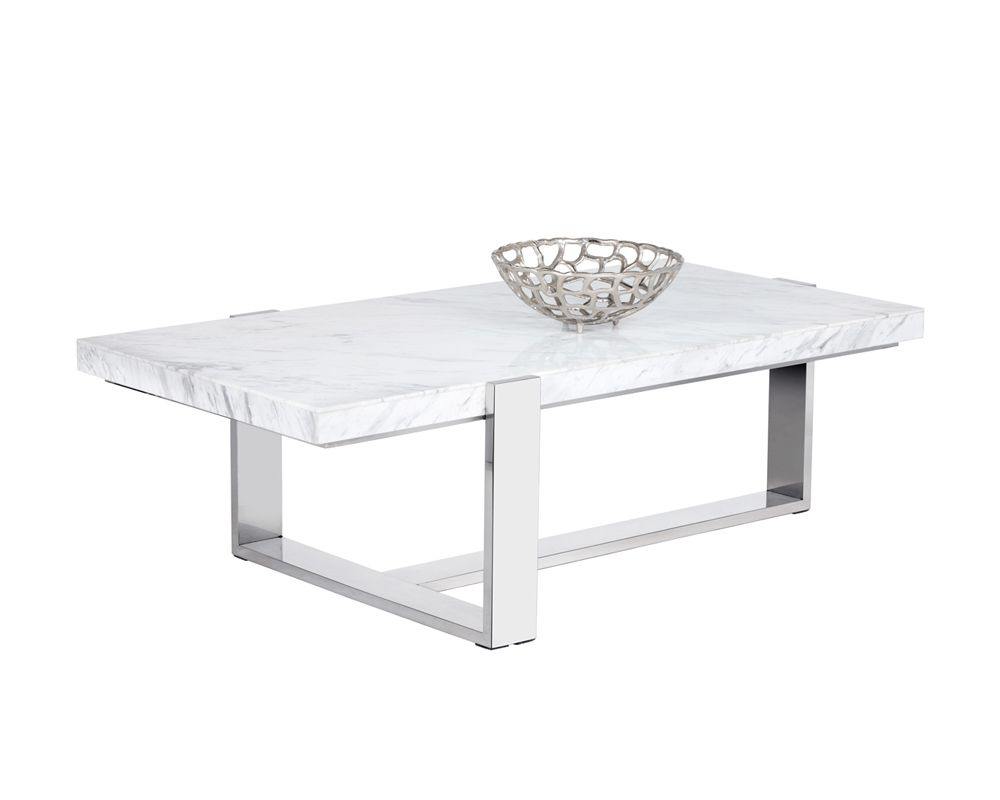 Tribecca Coffee Table with Polished Stainless Steel Frame and White Marble Top