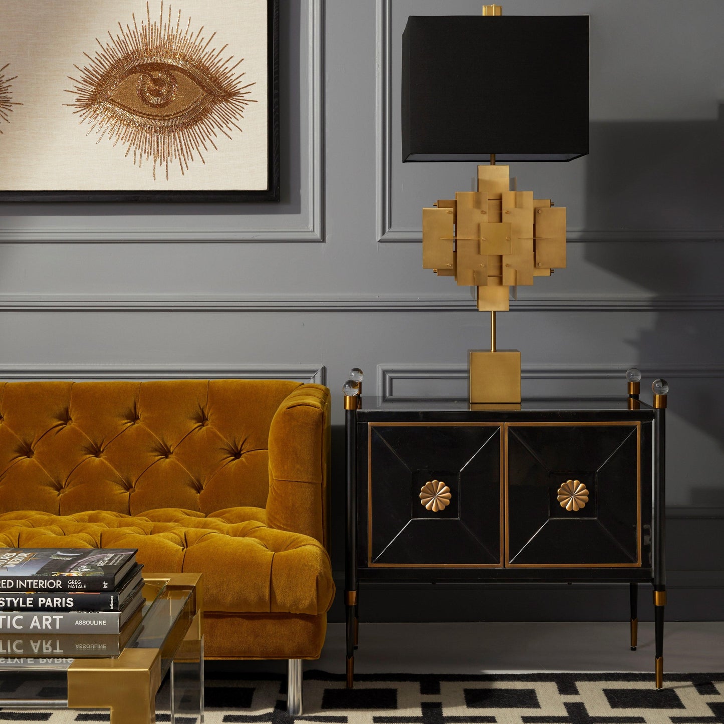 Jonathan Adler Rider Small Cabinet with Brass and Acrylic Accents