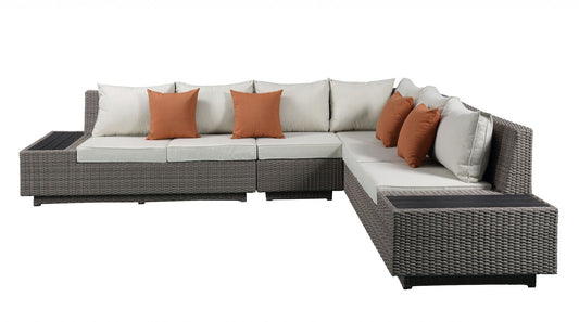 Beige Fabric and Gray Wicker 7-Piece Patio Sectional Set with Cocktail Table