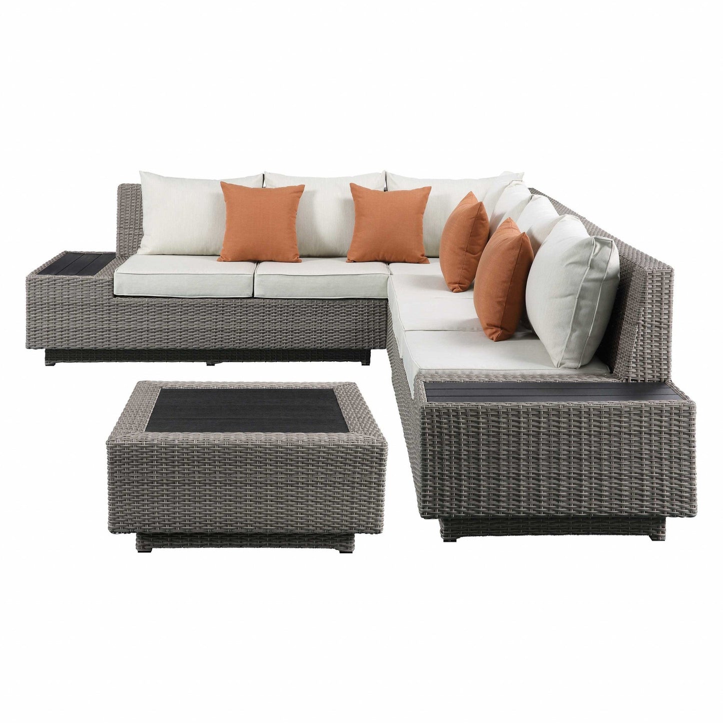 Beige Fabric and Gray Wicker 7-Piece Patio Sectional Set with Cocktail Table
