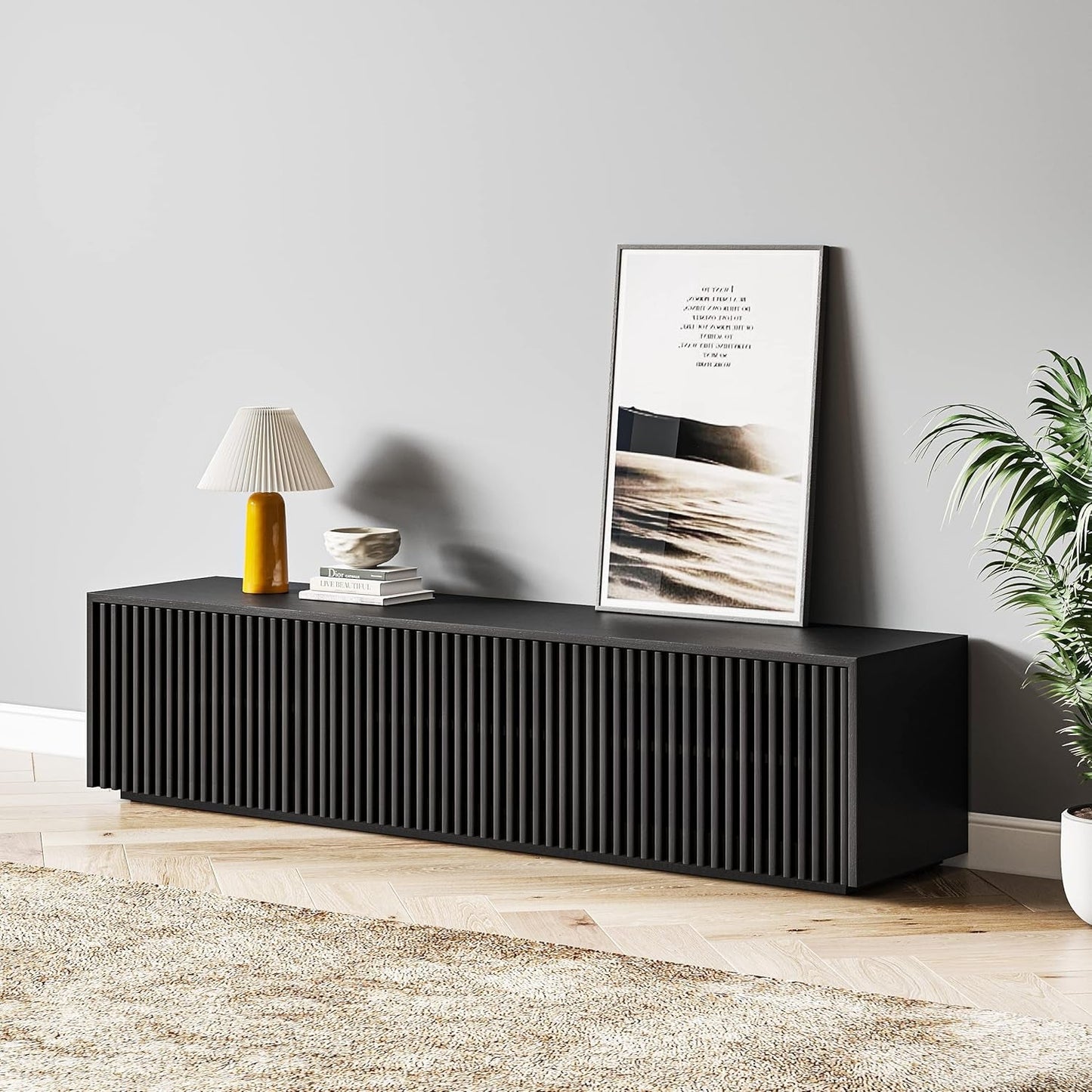 Modern Solid Wood TV Stand, Black Entertainment Center for 65 Inch TV,