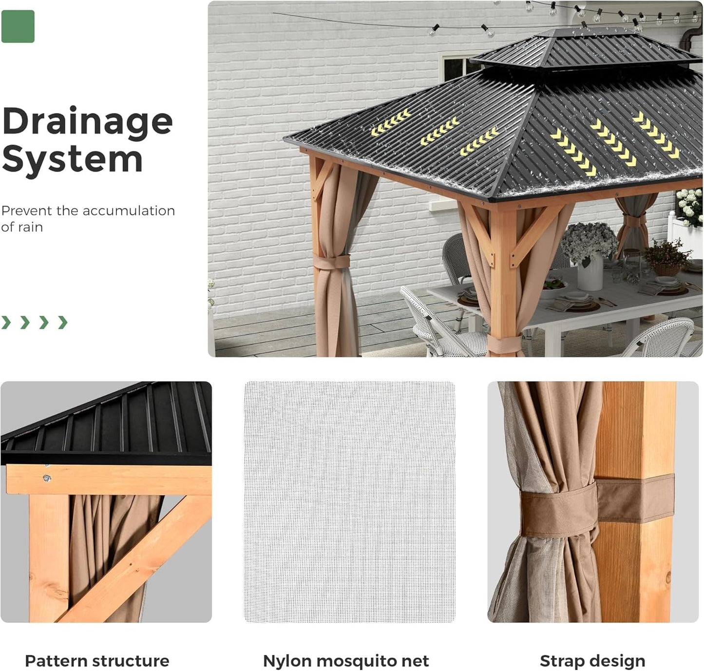 11x13 Wood Gazebo – Outdoor Hardtop with Netting and Curtains