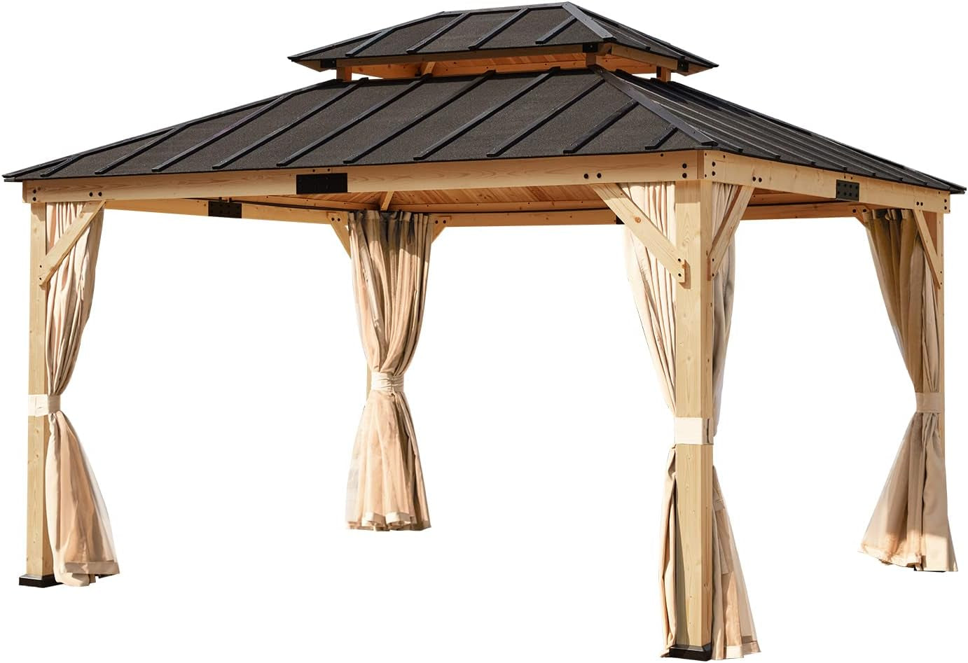 11' X 13' Asphalt Hardtop Gazebo, Spruce Wood Double Roof Gazebo with