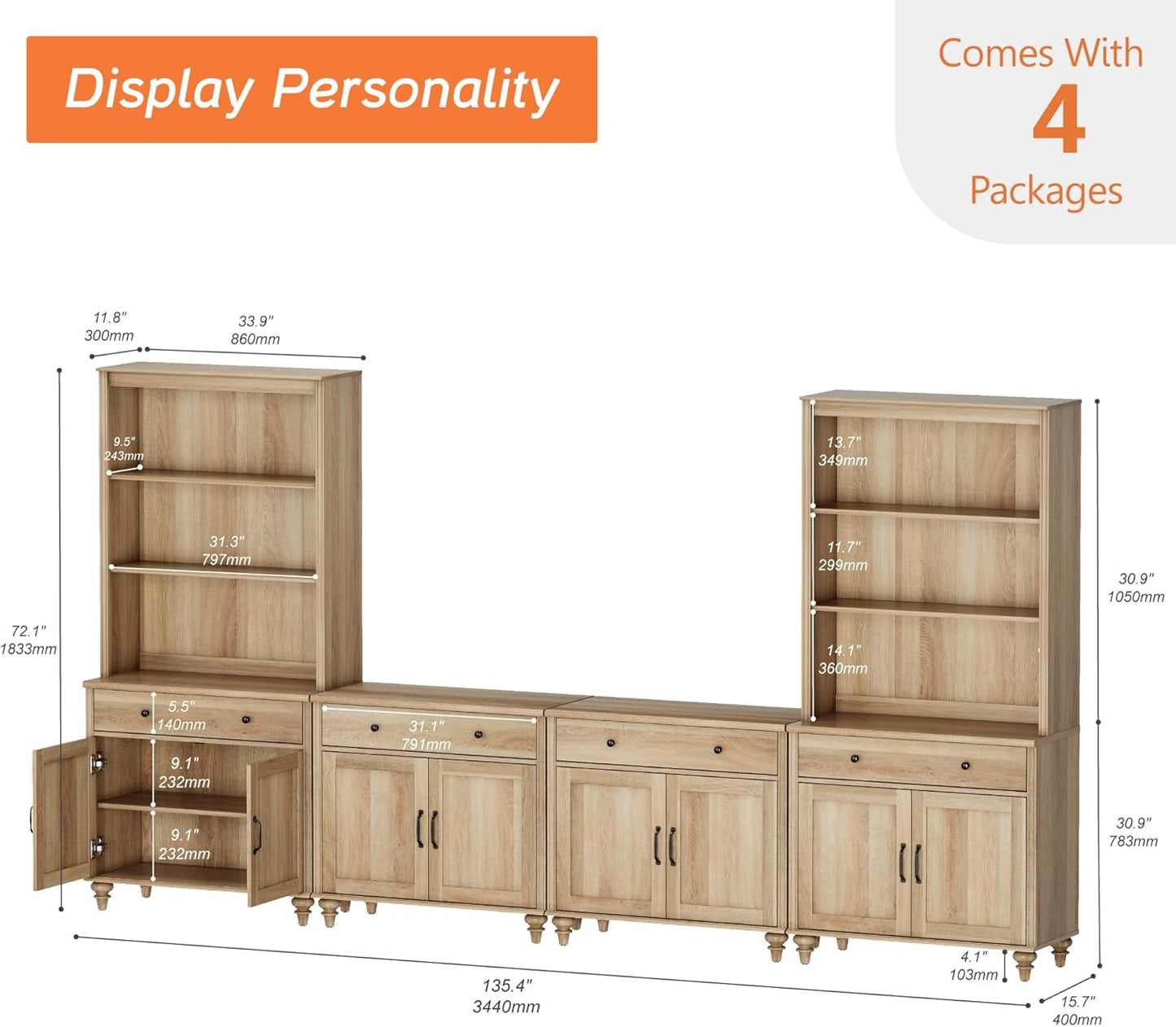 Entertainment Center with Bookshelves for Tvs up to 75", Farmhouse