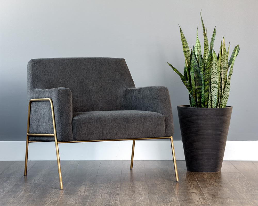 Cybil Lounge Chair – Modern Armchair with Antique Brass Legs in Polo Club Kohl Grey
