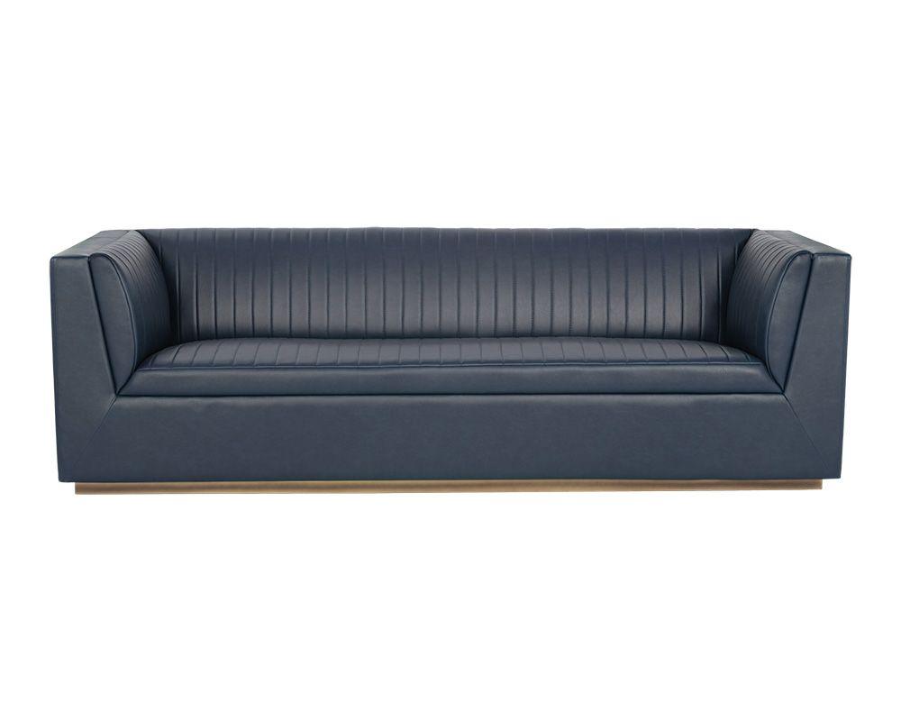 Bradley Sofa – Channel-Tufted Faux Leather with Rustic Bronze Steel Legs