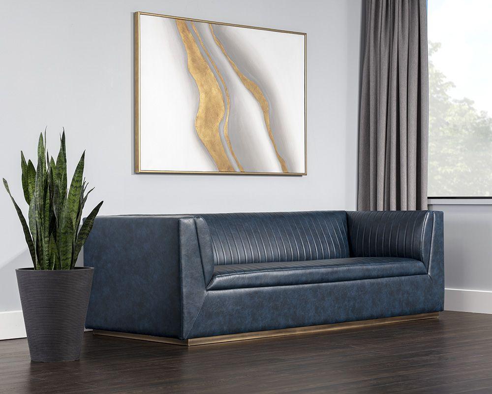 Bradley Sofa – Channel-Tufted Faux Leather with Rustic Bronze Steel Legs