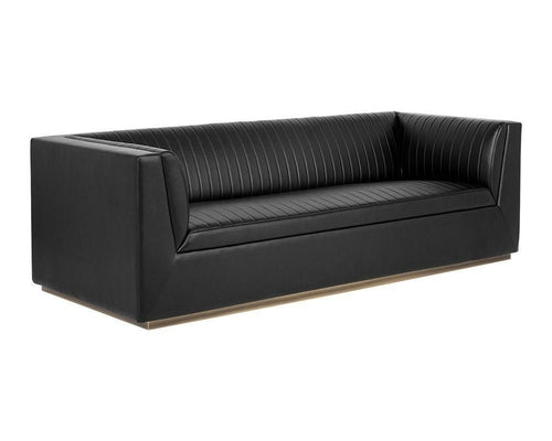 Bradley Sofa – Channel-Tufted Faux Leather with Rustic Bronze Steel Legs