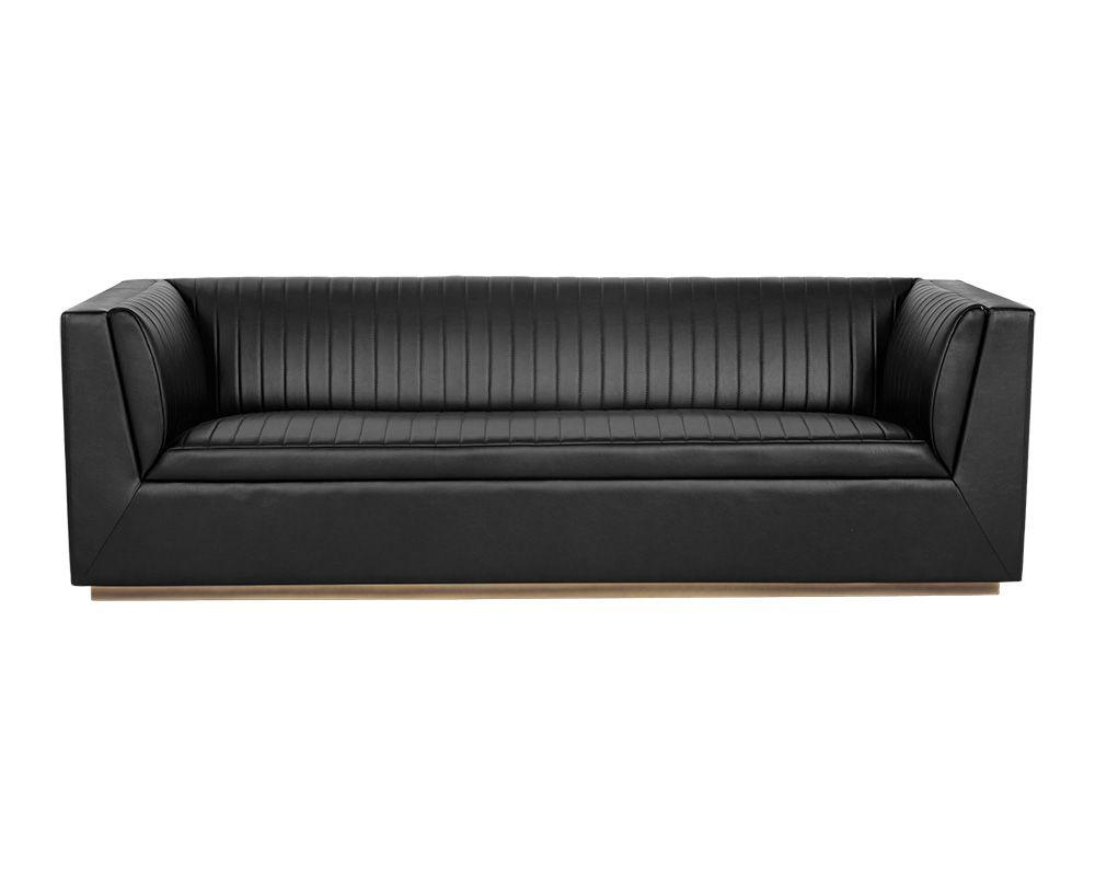 Bradley Sofa – Channel-Tufted Faux Leather with Rustic Bronze Steel Legs