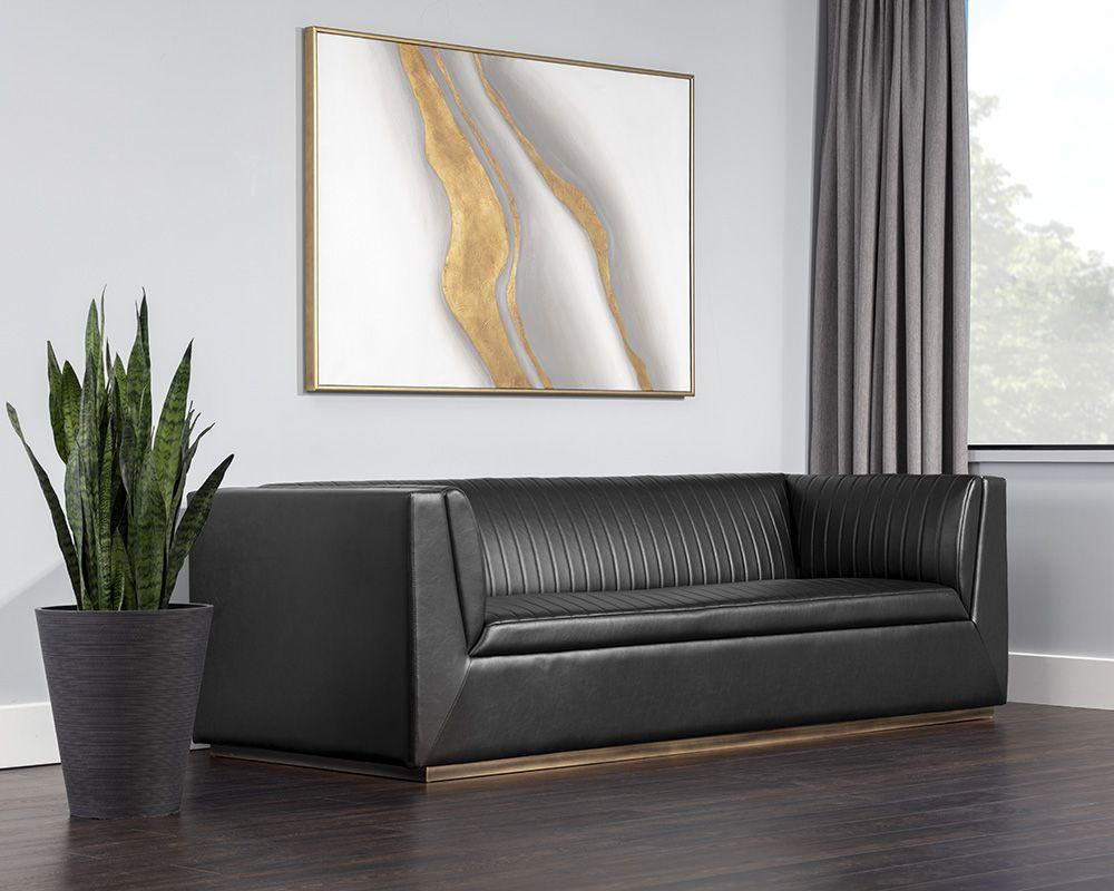 Bradley Sofa – Channel-Tufted Faux Leather with Rustic Bronze Steel Legs