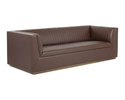 Bradley Sofa – Channel-Tufted Faux Leather with Rustic Bronze Steel Legs