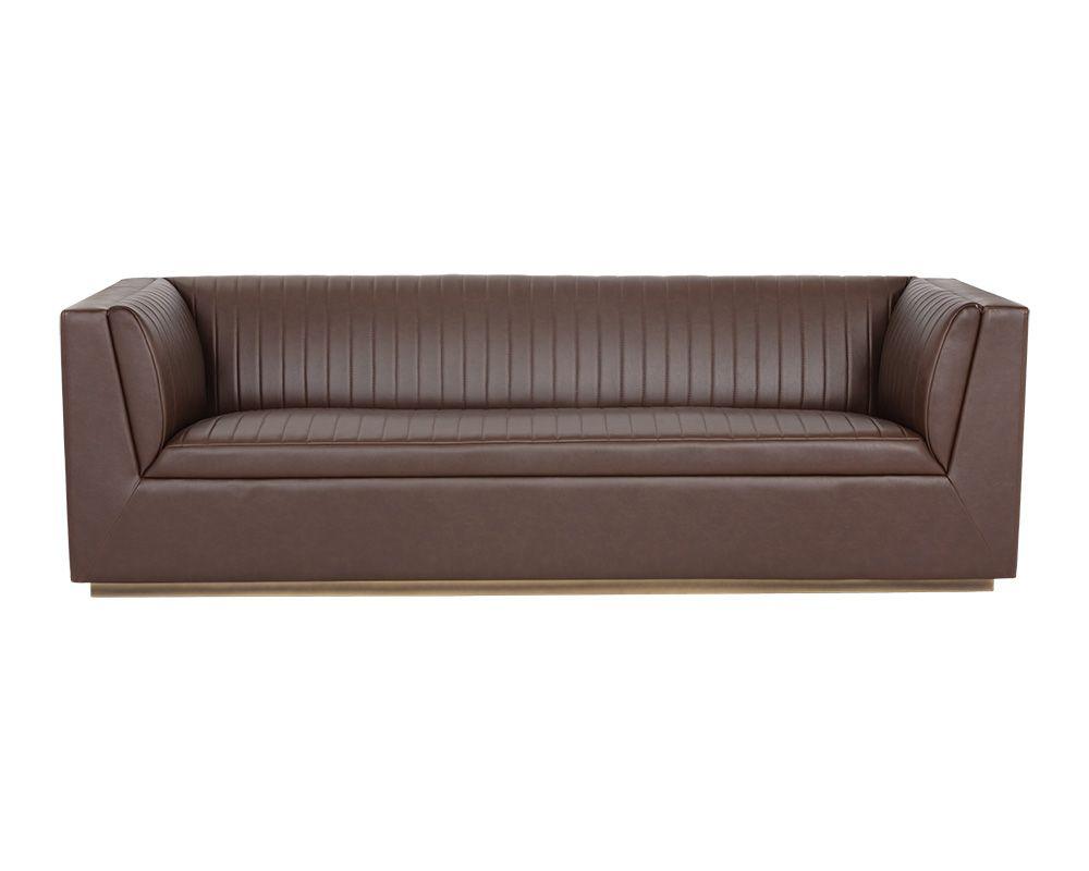 Bradley Sofa – Channel-Tufted Faux Leather with Rustic Bronze Steel Legs