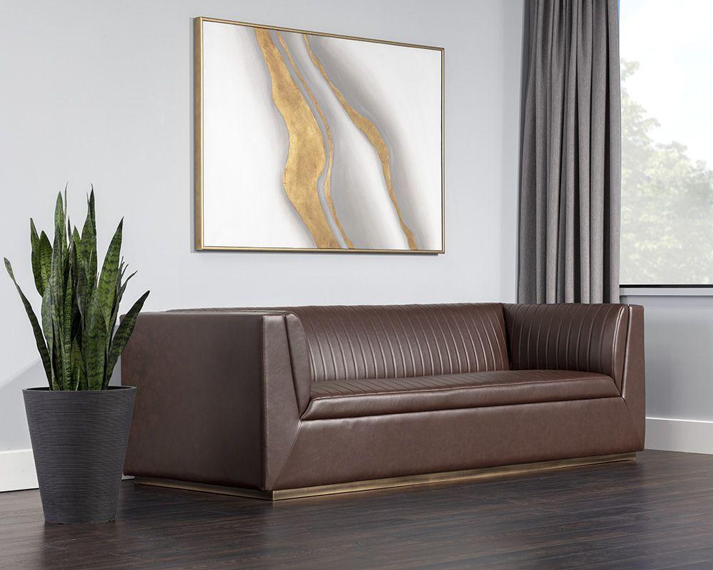 Bradley Sofa – Channel-Tufted Faux Leather with Rustic Bronze Steel Legs