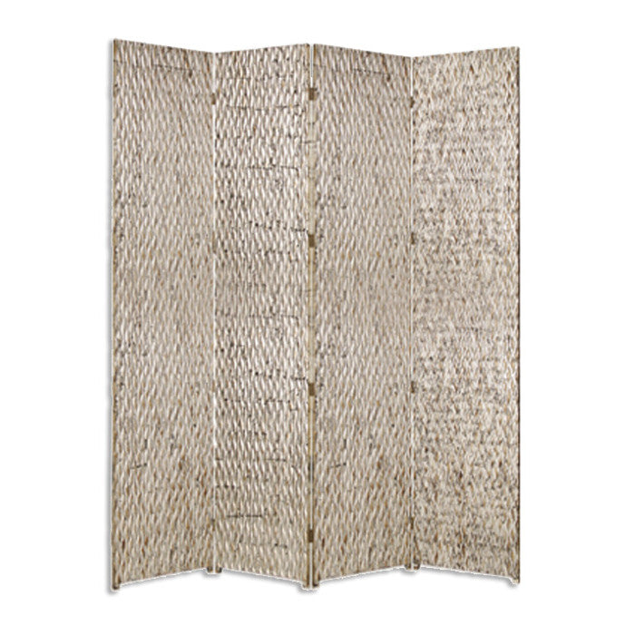 84" x 84" Silver Wood 4-Panel Screen – Patterned Wood with Silver Metallic Finish