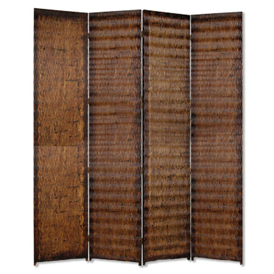 84" x 84" Brown Wood 4-Panel Screen – Patterned Wood with Gold-Brown Metallic Finish