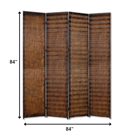 84" x 84" Brown Wood 4-Panel Screen – Patterned Wood with Gold-Brown Metallic Finish