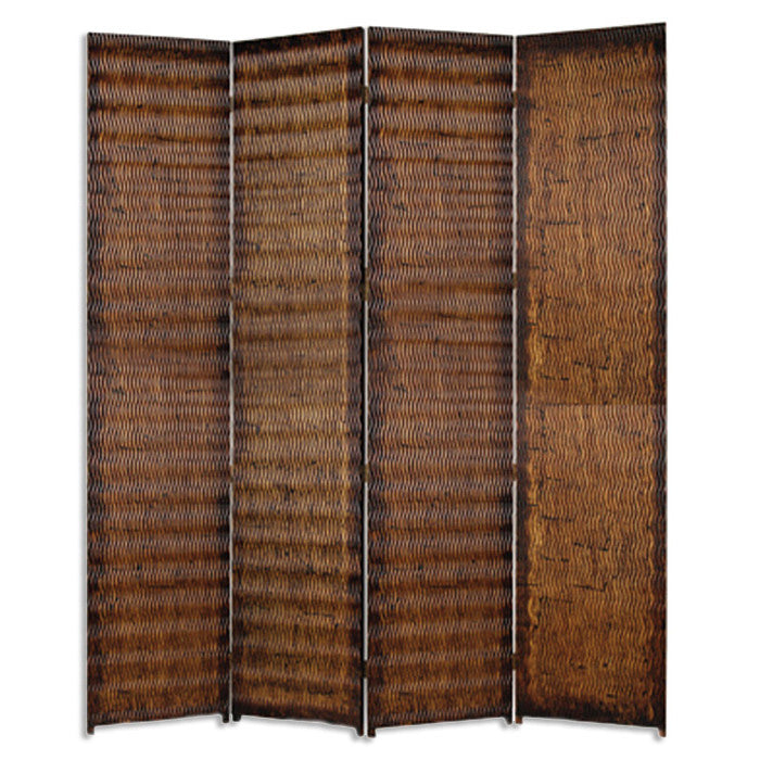 84" x 84" Brown Wood 4-Panel Screen – Patterned Wood with Gold-Brown Metallic Finish