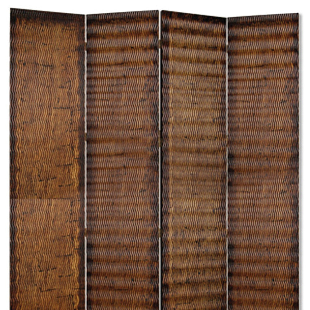 84" x 84" Brown Wood 4-Panel Screen – Patterned Wood with Gold-Brown Metallic Finish