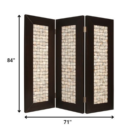 71" x 84" Brown Wood 3-Panel Screen – Pearl Shell Inlay Design