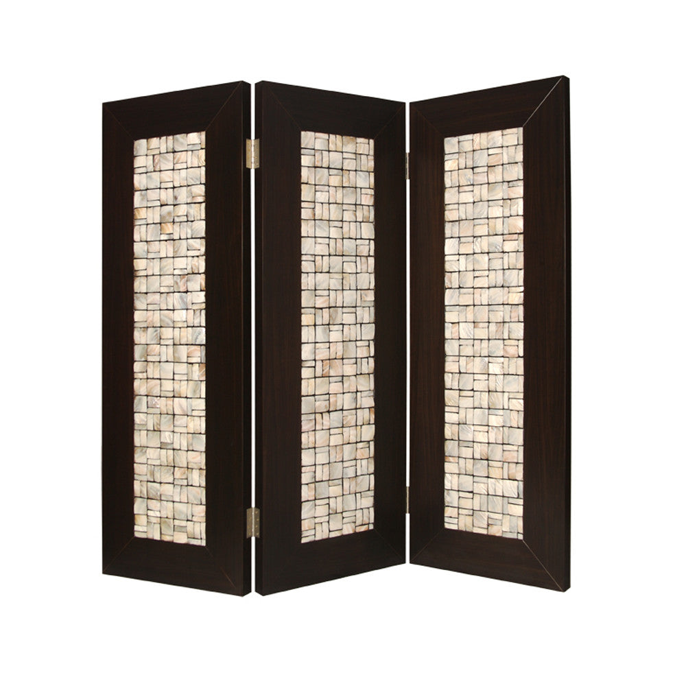 71" x 84" Brown Wood 3-Panel Screen – Pearl Shell Inlay Design
