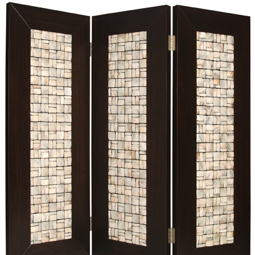 71" x 84" Brown Wood 3-Panel Screen – Pearl Shell Inlay Design