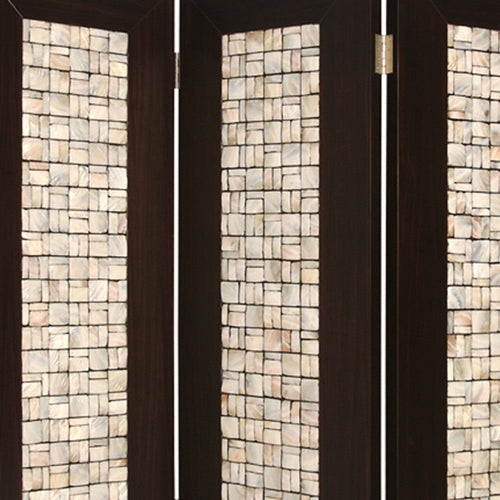 71" x 84" Brown Wood 3-Panel Screen – Pearl Shell Inlay Design