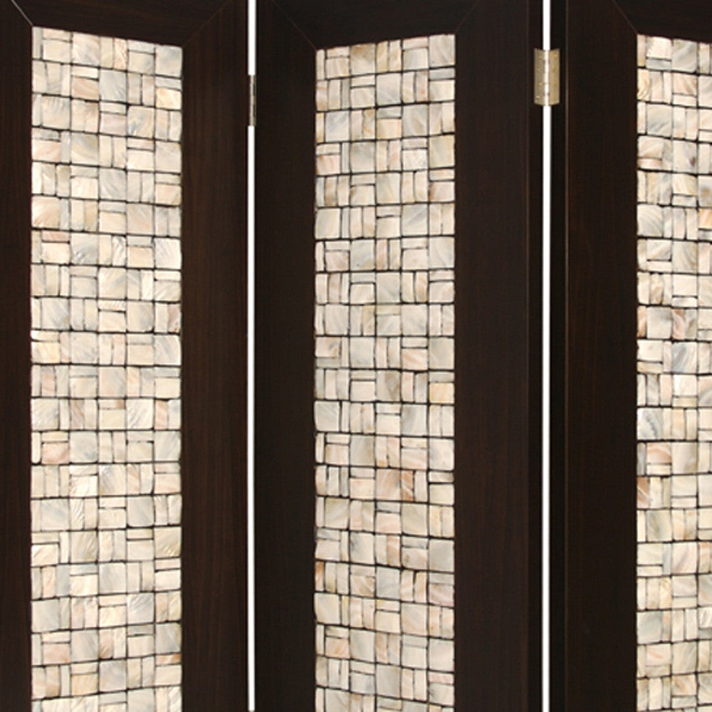 71" x 84" Brown Wood 3-Panel Screen – Pearl Shell Inlay Design