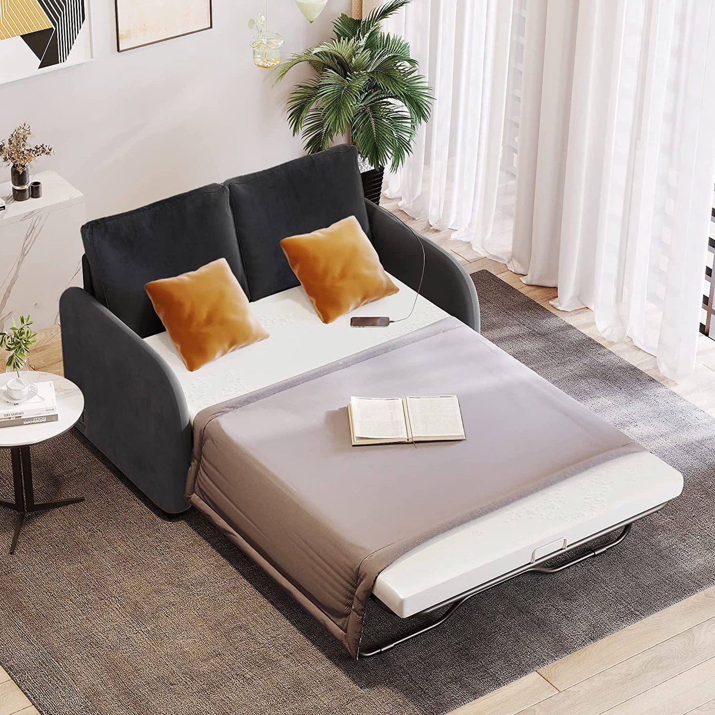 Black Love Seat with Sleeper, USB and Plug