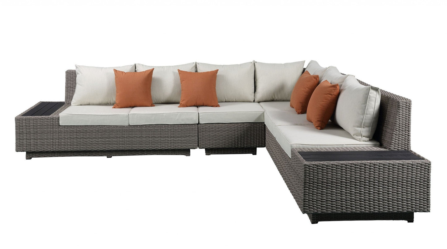 Beige Fabric and Gray Wicker 7-Piece Patio Sectional Set with Cocktail Table