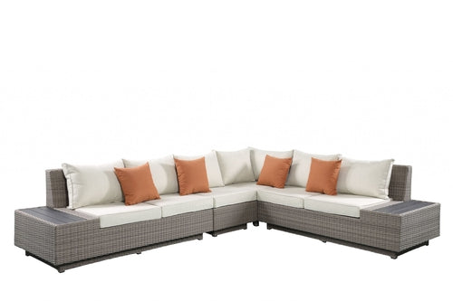 Beige Fabric and Gray Wicker 7-Piece Patio Sectional Set with Cocktail Table