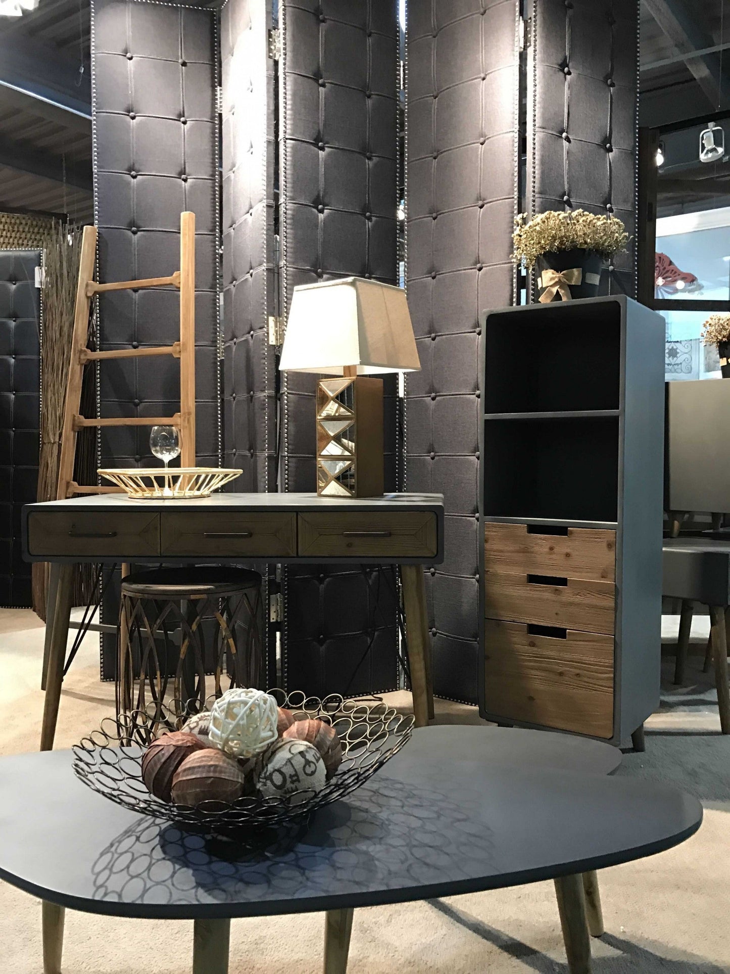 108" x 2.5" x 108" Gray Fabric and Wood Double-Sided Screen – Hand-Painted with Contemporary Design