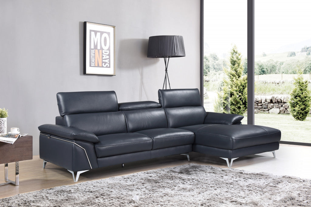 Modern Blue Italian Leather Sectional – 5-Seater with Chaise, 114'' Wide