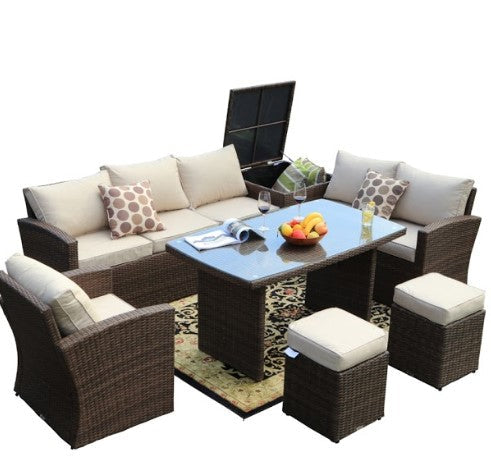 7-Piece Brown Steel Outdoor Set – 179.85'' x 31.89'' x 32.68''