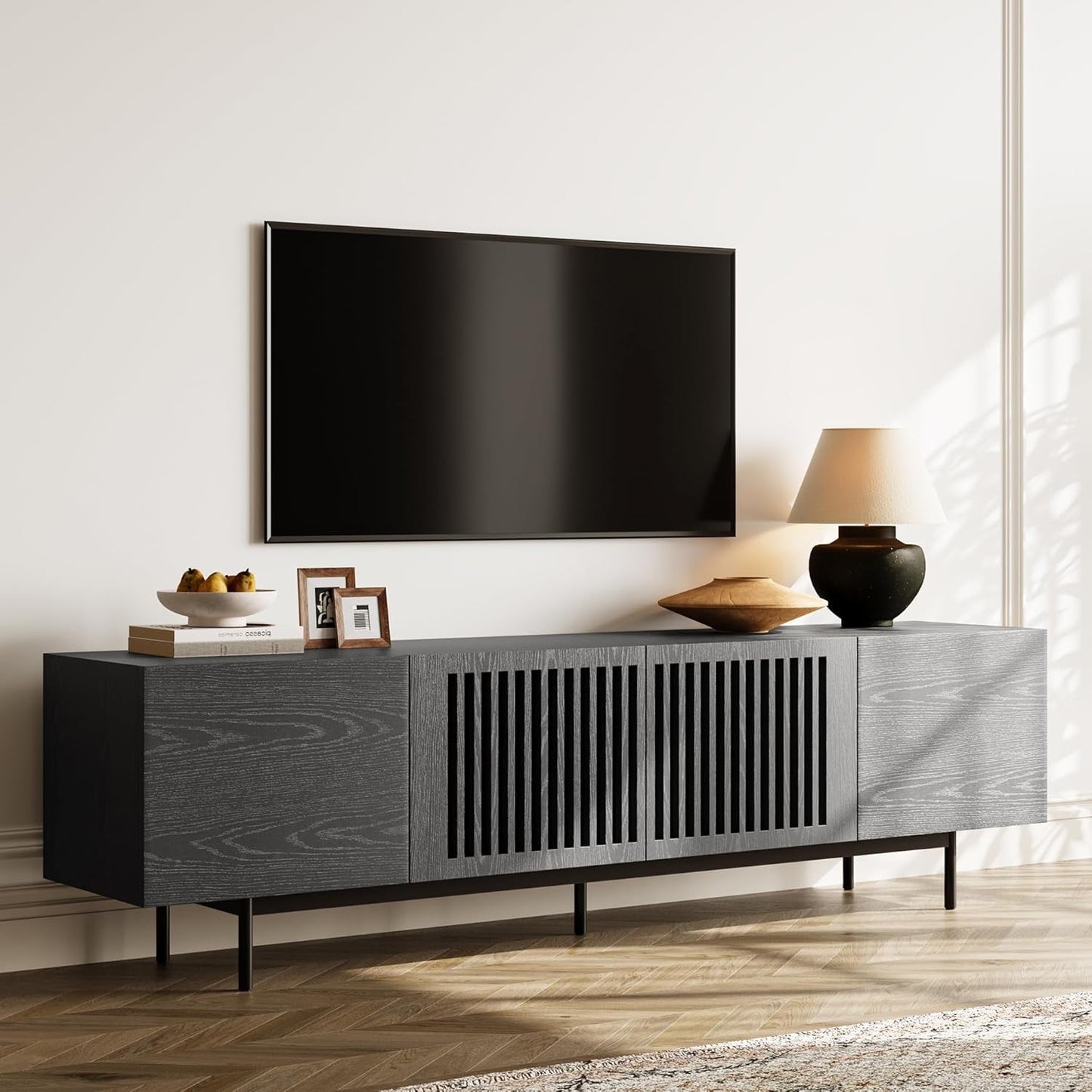 Modern Solid Wood TV Stand, Black Entertainment Center for 70 75 Inch