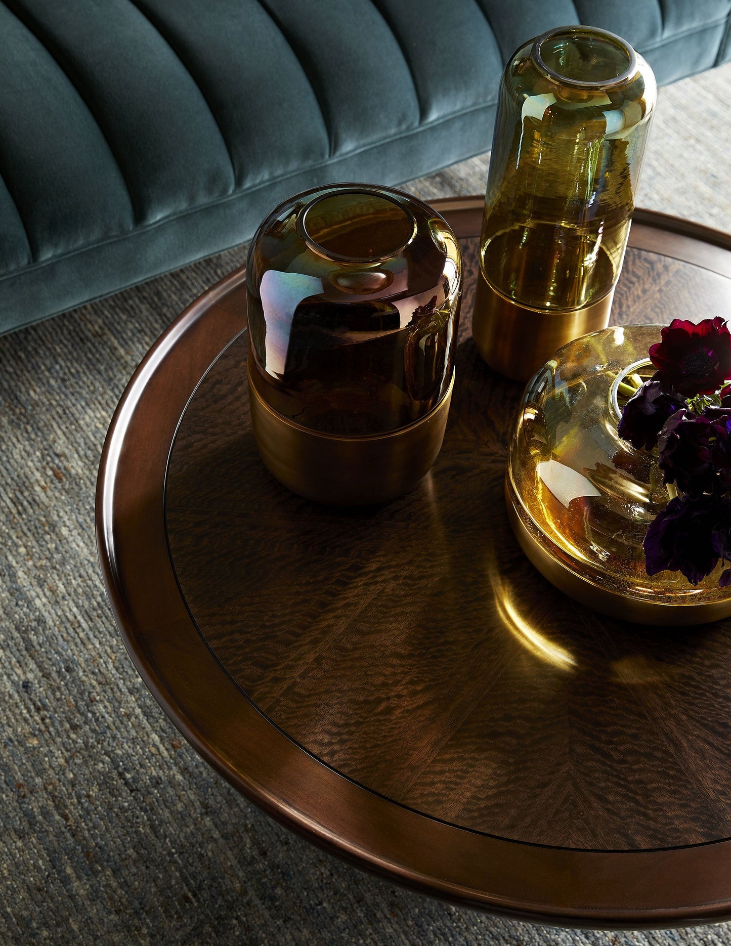 Violi Cocktail Table – Eucalyptus Veneer with Antique Brass Accents