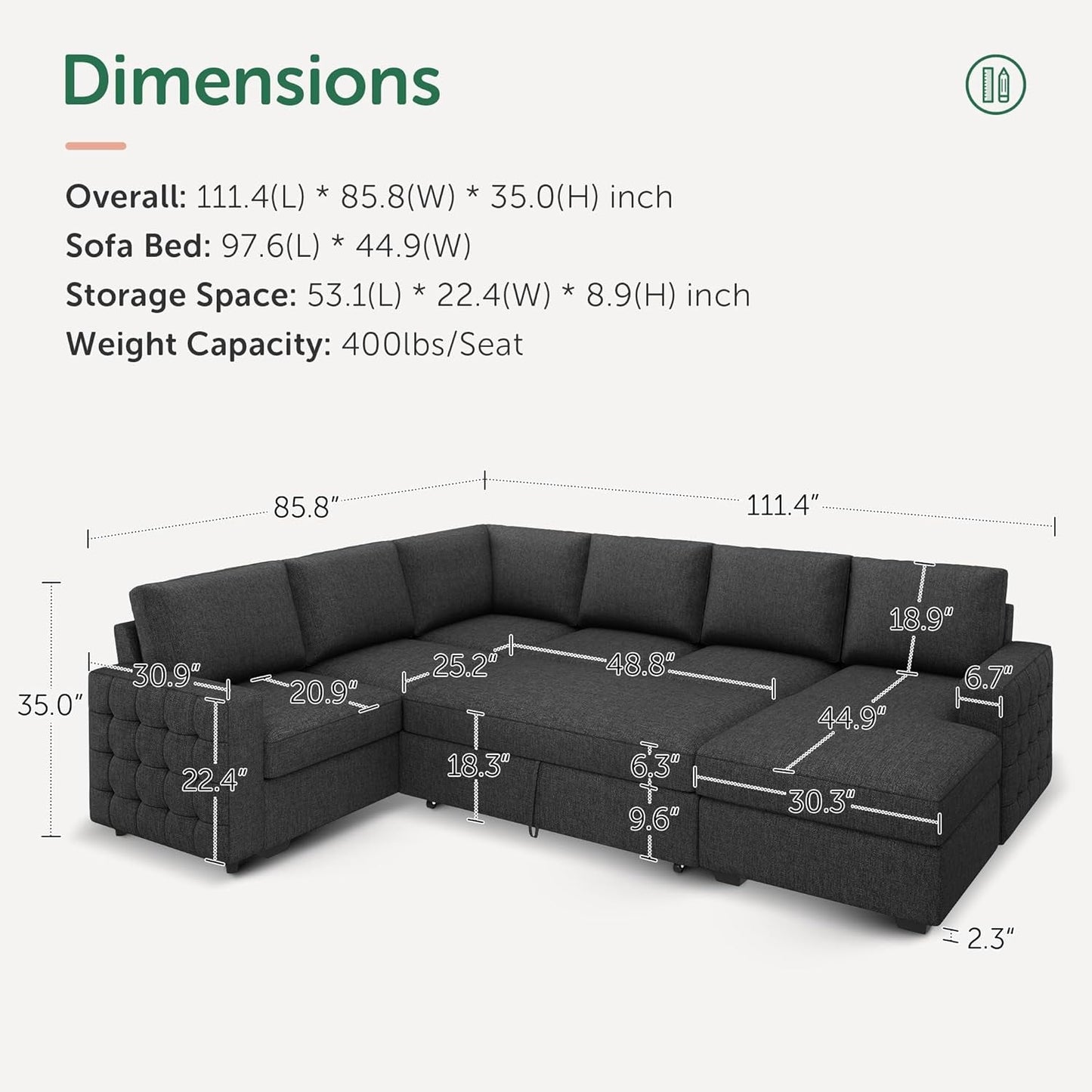 Sectional Sleeper Sofa with Pull Out Bed, Reversible Sectional Sleeper