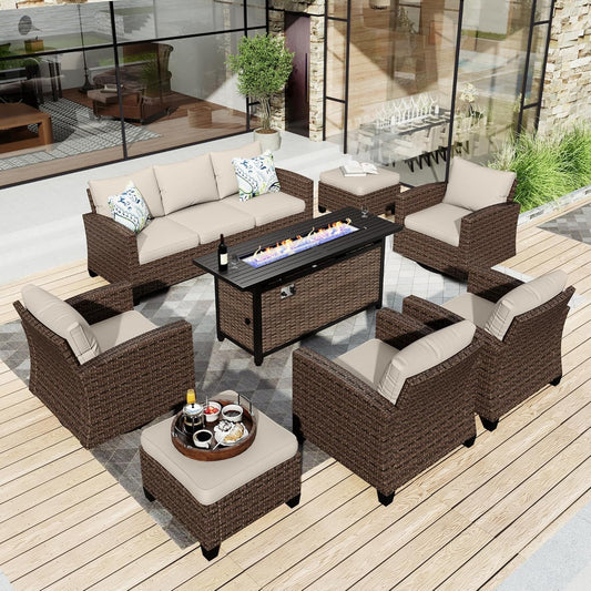 Patio Furniture Set with 56" Fire Pit Table, Swivel Rocker Chairs with