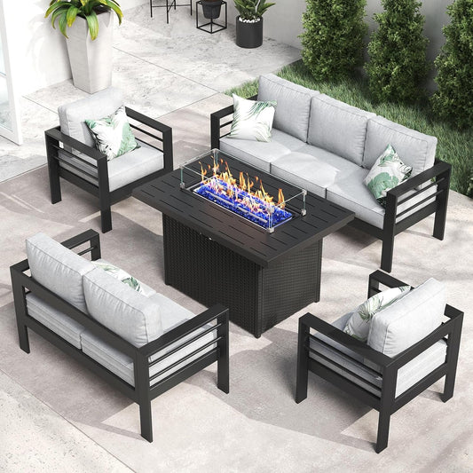 Aluminum Furniture Set with Fire Pit Table, 5 Pieces Patio Sectional