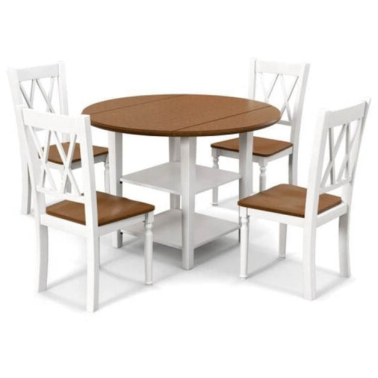 Round Drop Leaf Dining Table Set with 4 Chairs in White/Walnut Wood