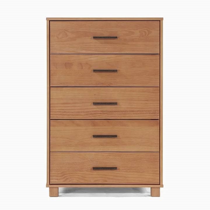 Modern Farmhouse Solid Wood 5 Drawer Bedroom Chest in Light Brown