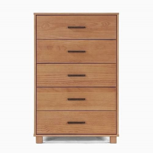 Modern Farmhouse Solid Wood 5 Drawer Bedroom Chest in Light Brown