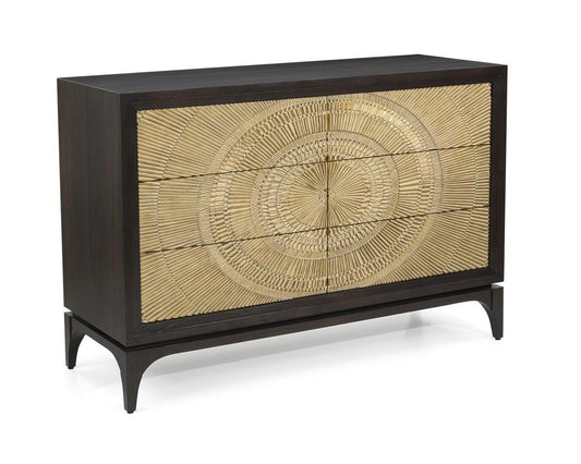 Cosmos Six-Drawer Chest – Smoked Oak with Dusty Gold Radiating Pattern