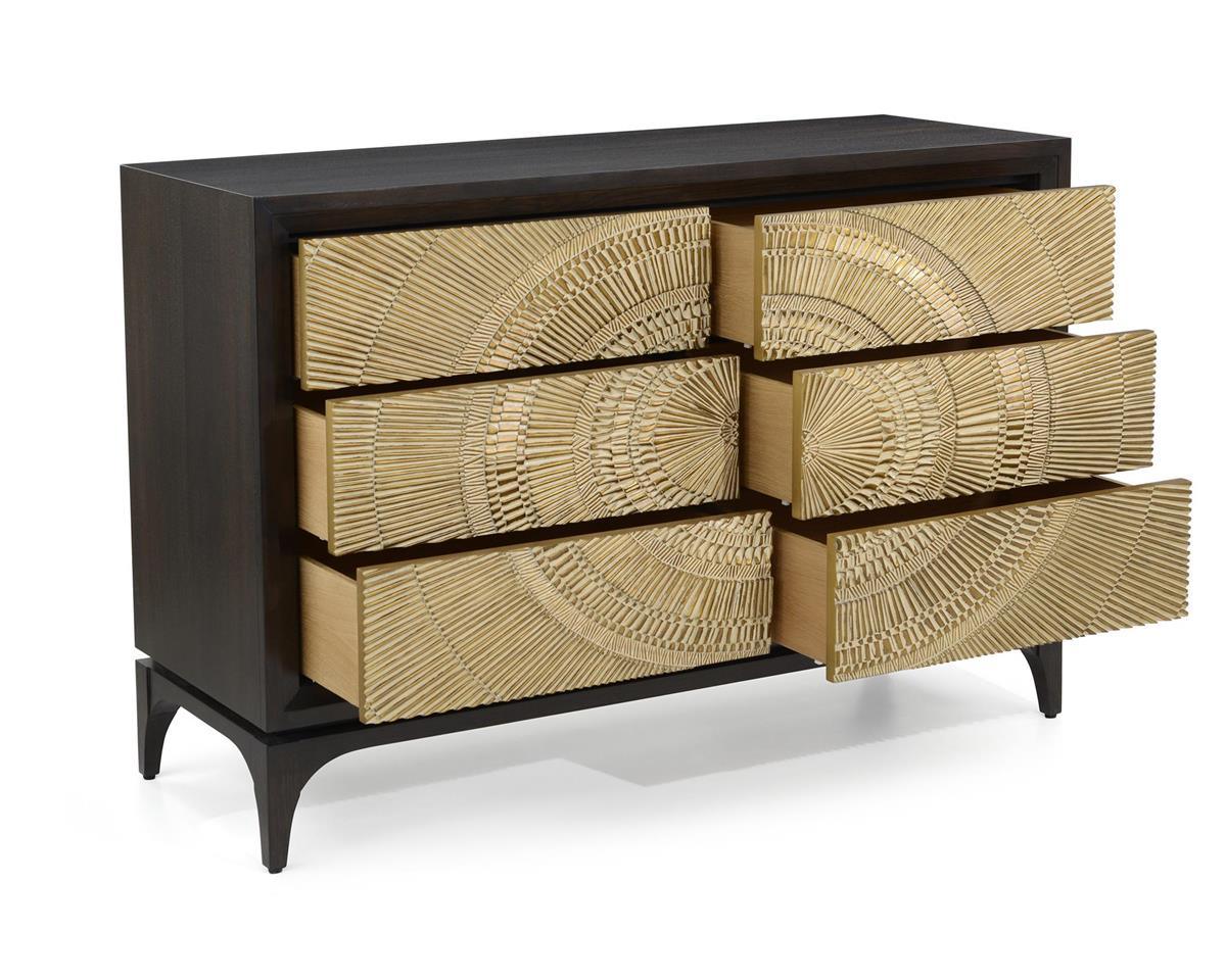 Cosmos Six-Drawer Chest – Smoked Oak with Dusty Gold Radiating Pattern