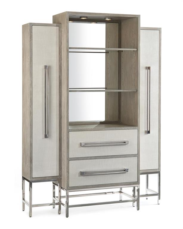 Zulu Stepped Cabinet – Linen-Faced Drawers, Open Shelving & Stainless Steel Frame