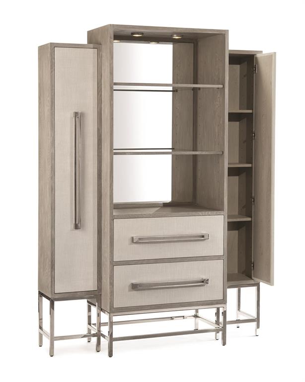 Zulu Stepped Cabinet – Linen-Faced Drawers, Open Shelving & Stainless Steel Frame