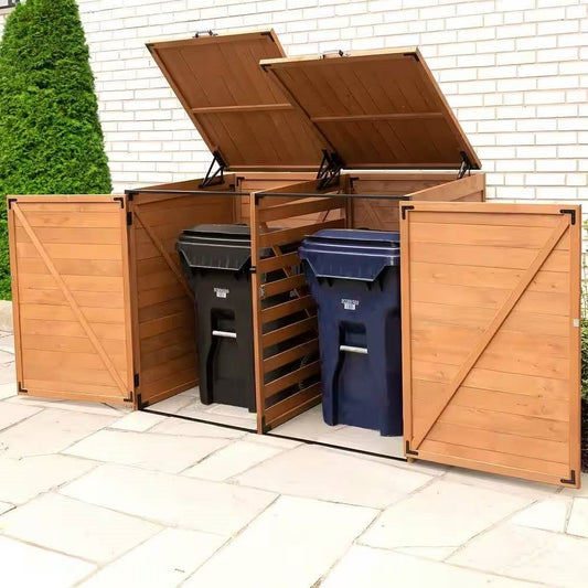 Outdoor Solid Wood Trash Can Storage Shed – Holds 2 Bins