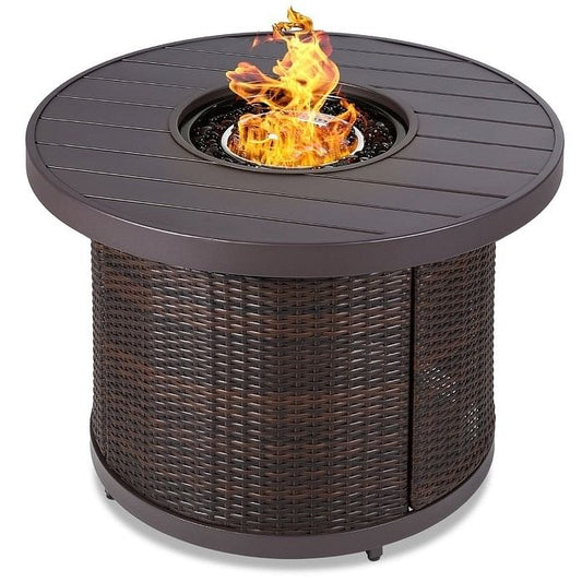 50,000 BTU Round Propane Fire Pit – Brown Wicker with Faux Wood Top