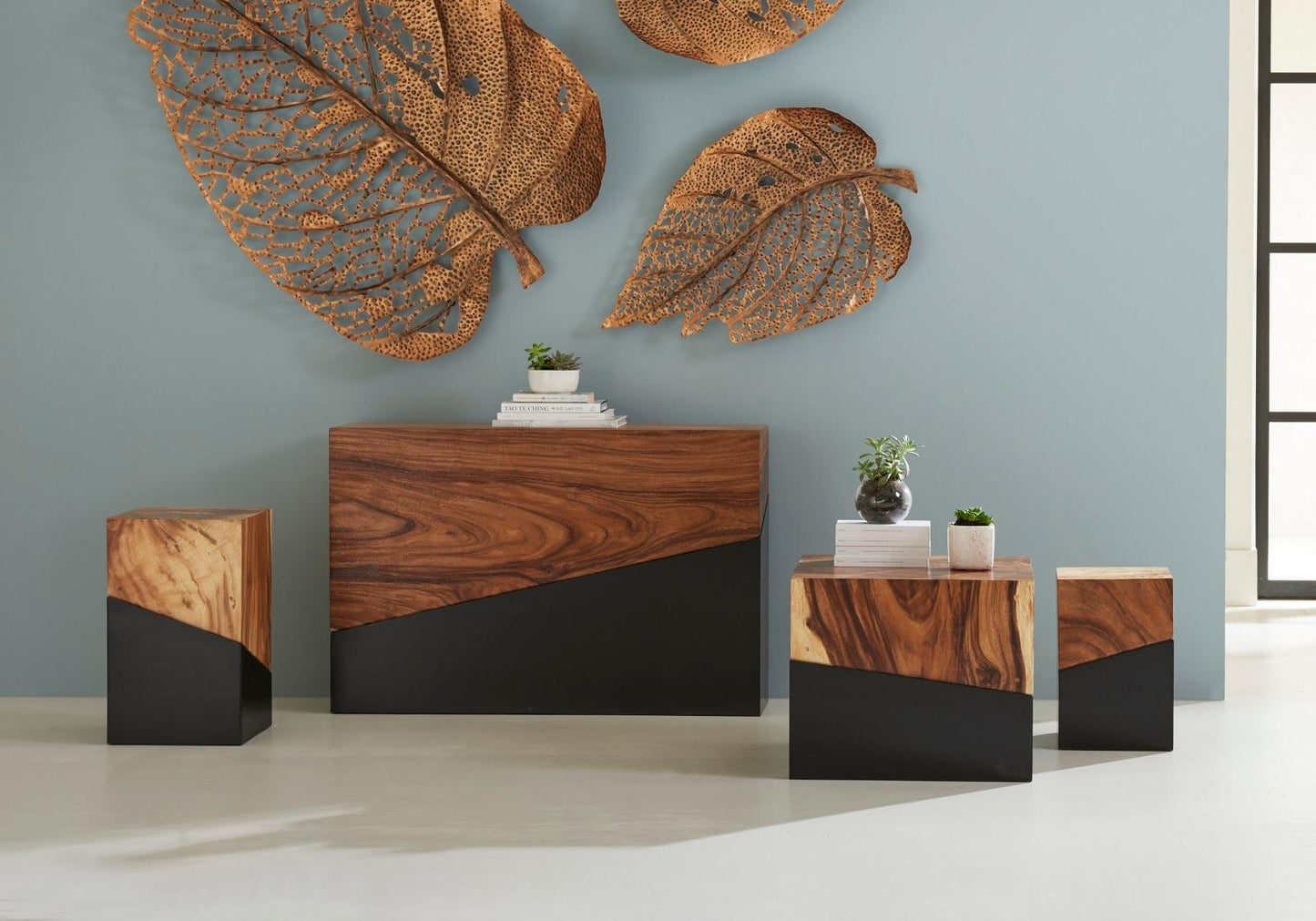 Geometry Large Natural Side Table with Chamcha Wood and Iron